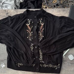 Disturbia Black Cardigan with Moon & Copper Embroidery